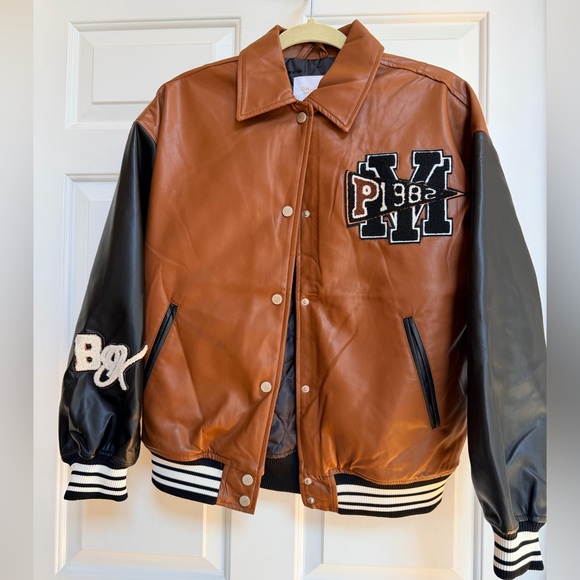 Faux-Leather Varsity Jacket in Brown and Black with Patch Detail - Picture 3 of 13